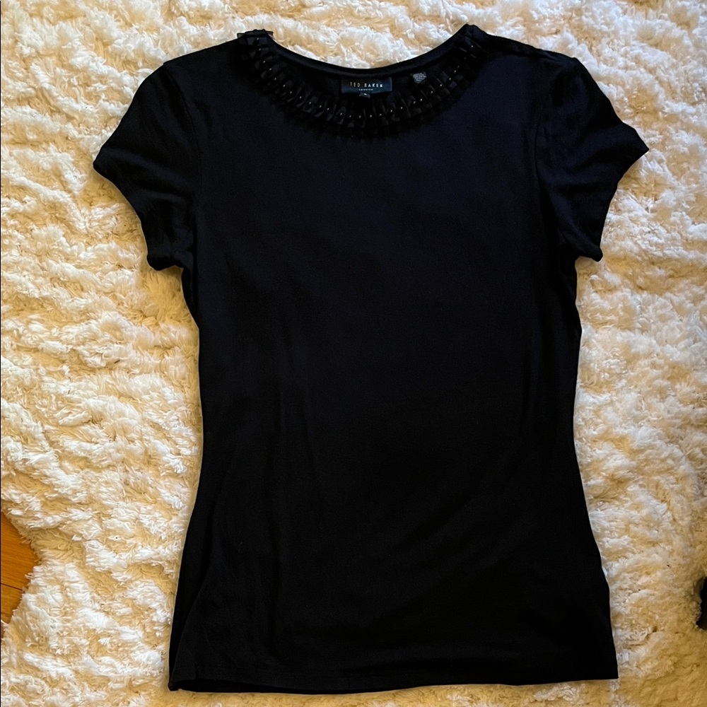 Ted Baker Black Short Sleeve Top with Embellished Neckline. Ted size 2